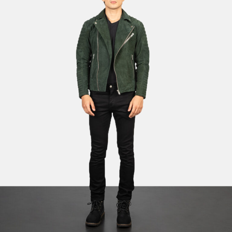 Mens Armand Green Suede Biker Jacket Full Length-2-1634126874282